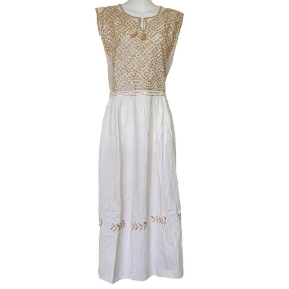 Natural Cotton Sleeveless Maxi Dress with Embroidered Bodice Made in Mexico - Picture 1 of 9